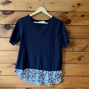 LOFT Black Blouse with Animal Print Hem